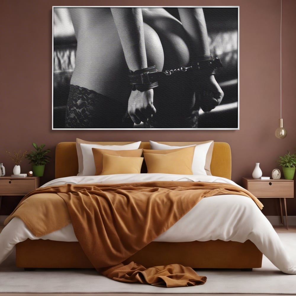Tablou canvas cu tablou canvas cu trup nud si catuse, in rama de aluminiu argintiu, pe perete intr-un dormitor